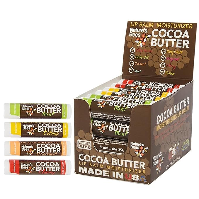 Nature's Bees - Cocoa Butter Lip Balm Moisturizer - Tropical 24 Pack, 4 Flavors - Citrus, Coconut, Cherry, & Mint - Made w/Coconut Oil, Beeswax, Vitamin E, Aloe, Shea Butter - 0.15oz (4.2g)-VivaGrace Women