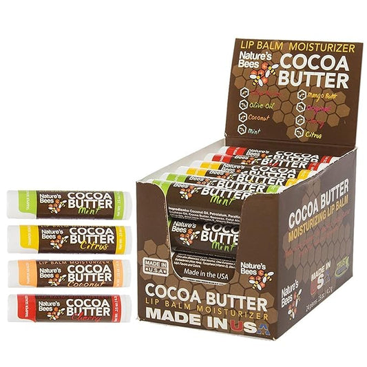 Nature's Bees - Cocoa Butter Lip Balm Moisturizer - Tropical 24 Pack, 4 Flavors - Citrus, Coconut, Cherry, & Mint - Made w/Coconut Oil, Beeswax, Vitamin E, Aloe, Shea Butter - 0.15oz (4.2g)-VivaGrace Women
