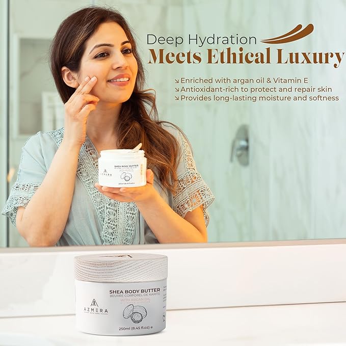 AZMERA Handcrafted Whipped Shea Body Butter – Unscented Moisturizer for Dry, Sensitive Skin with Argan Oil & Vitamin E – Vegan, Non-Greasy Whipped Body Butter for Women & Men – 8.82 oz-VivaGrace Women