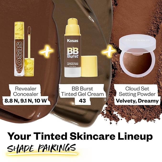 Kosas BB Burst Tinted Face Gel Cream - Supports Healthy Collagen, Smoothes Skin, Hydrates & Moisturizes - Lightweight Buildable Coverage - Deep Neutral Olive 43, (1 Oz/30 ML)-VivaGrace Women