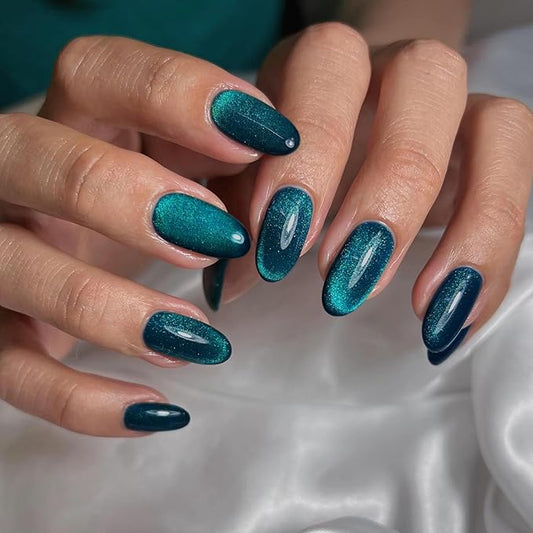 Press on Nails Oval - Emerald Green Velvet Fake Nails Short Round Glossy Acrylic Full Cover Glue on Nails in 12 Sizes - 24 Piece Nail Kit，Natural Fit for Women & Girls Daily Wear