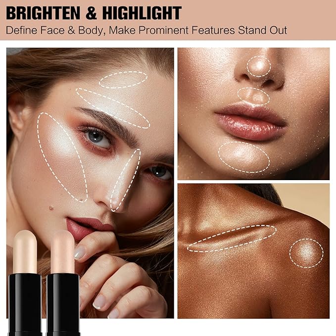Contour Stick, 2Pcs Dual-Ended Highlighter Makeup Pen & Contouring Stick for Face Shaping, Long Lasting Waterproof Cream Bronzer & Highlight Sticks Make Up Kit for All Skin Tones (01# + 02#)-VivaGrace Women