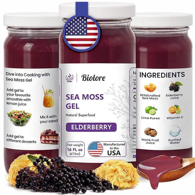 Biolore Sea Moss Gel - Elderberry 16oz, Wildcrafted Irish Seamoss with Essential Vitamins & Trace Minerals, Vegan Superfood Made in USA-VivaGrace Women
