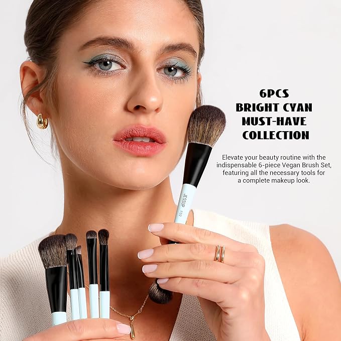 Jessup Makeup Brush Set 6pcs Double Sided Makeup Brushes Foundation Contour Blush Highlight Blending Eyebrow Brush Eyeshadow Brush, Vegan Fiber Make up Brush Bright Cyan T501-VivaGrace Women