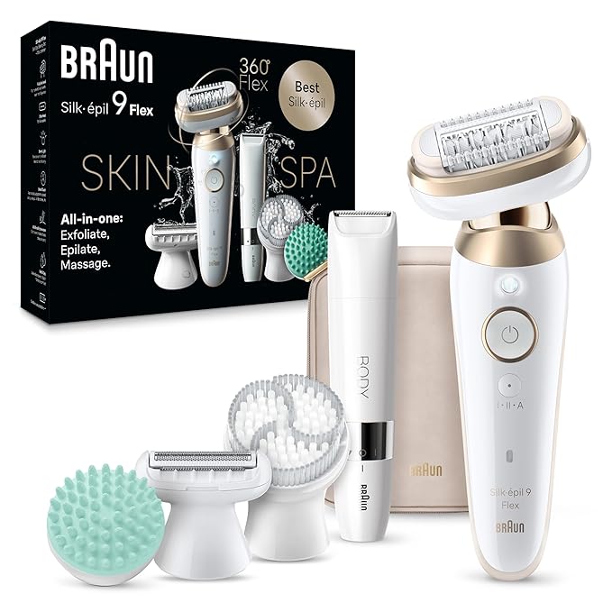 Braun Epilator Silk-épil 9 Flex SkinSpa, Hair Removal Device, 360 Flex and Pivoting Head, Wet and Dry, Includes Shaver Head, Trimmer Comb, Massage Pad, Exfoliation Brush and BodyTrimmer, SES9-481 3D-VivaGrace Women