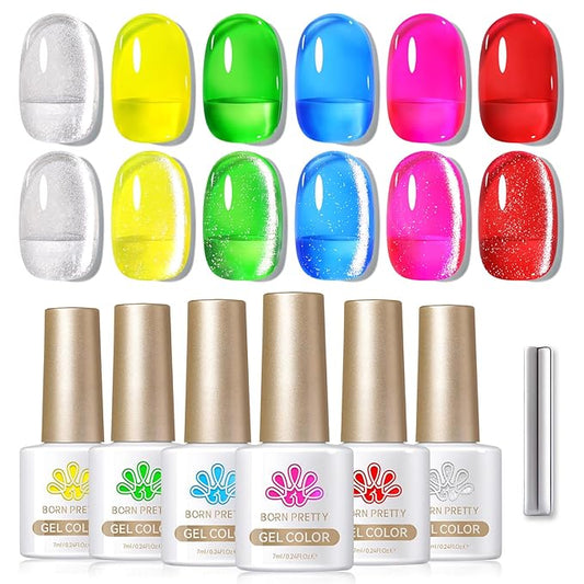 Born Pretty Neon Jelly Gel Nail Polish Glass Crystal Spring Summer Transparent Ice Jelly Gel Polish with Silver Holographic Glitter Cat Magnetic Eye Gel Polish Collection Minicure DIY Gifts 6PCS-VivaGrace Women