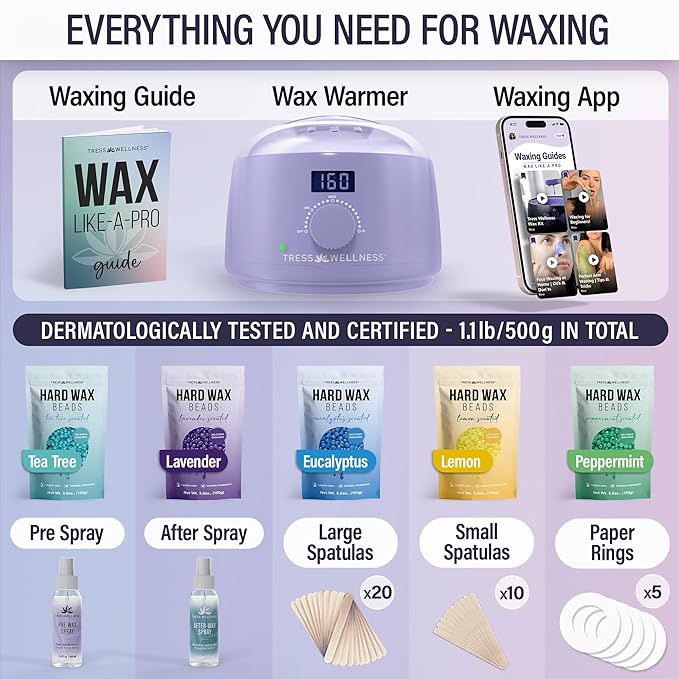 Tress Wellness Waxing Kit for Sensitive Skin – Safe for Face & Skin, Prep & Aftercare Spray, Easy to Use – At-Home Kit for Face, Bikini, Brazilian & Full Body - Digital Display, Purple-VivaGrace Women