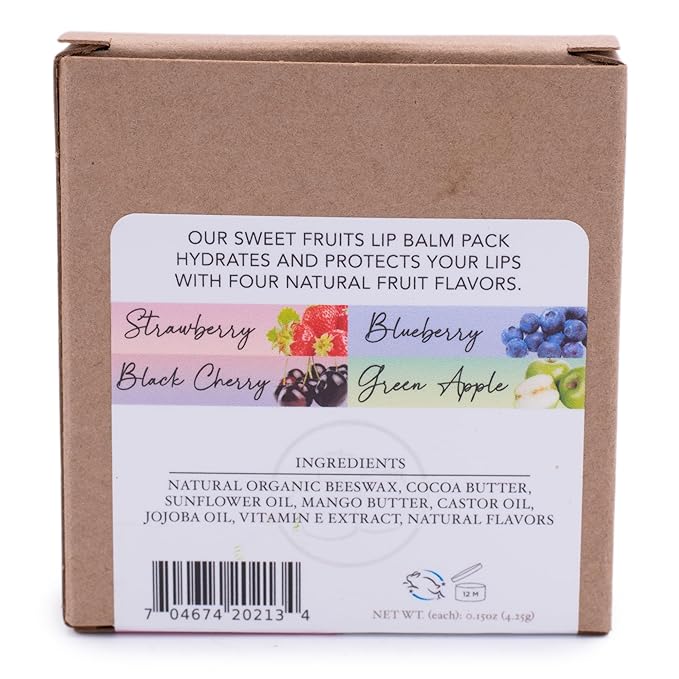 Lip Balm Sweet Fruits 4-Pack, Strawberry Blueberry Black Cherry Green Apple, Natural Beeswax, Moisturizing Lip Treatment, 4 Tubes, 0.15 oz., White-VivaGrace Women