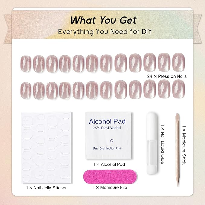 Press On Nails Squoval - Mauve Gray Velvet Fake Nails Short Full Cover Acrylic Glue on Nails in 12 Sizes - 24 Piece Nail Kit，Natural Fit for Women & Girls Daily Wear