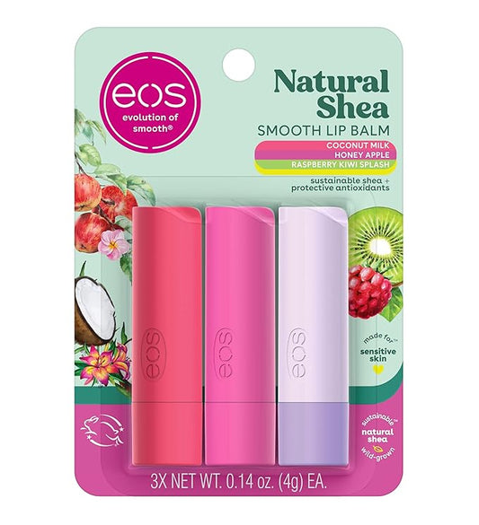 eos Natural Shea Lip Balm, Honey Apple, Coconut Milk & Raspberry Kiwi Splash, All-Day Moisture, Lip Care Products, 0.14 oz, 3-Pack-VivaGrace Women