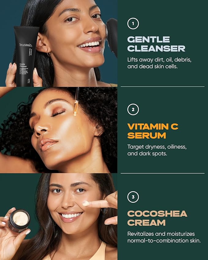 Buttah Skin Transforming Kit for Melanin Rich Skin | CocoShea Revitalizing Cream 2 oz | Vitamin C Serum 1 oz | Buttah Cleanser 3.4 oz | Black Owned Skincare-VivaGrace Women