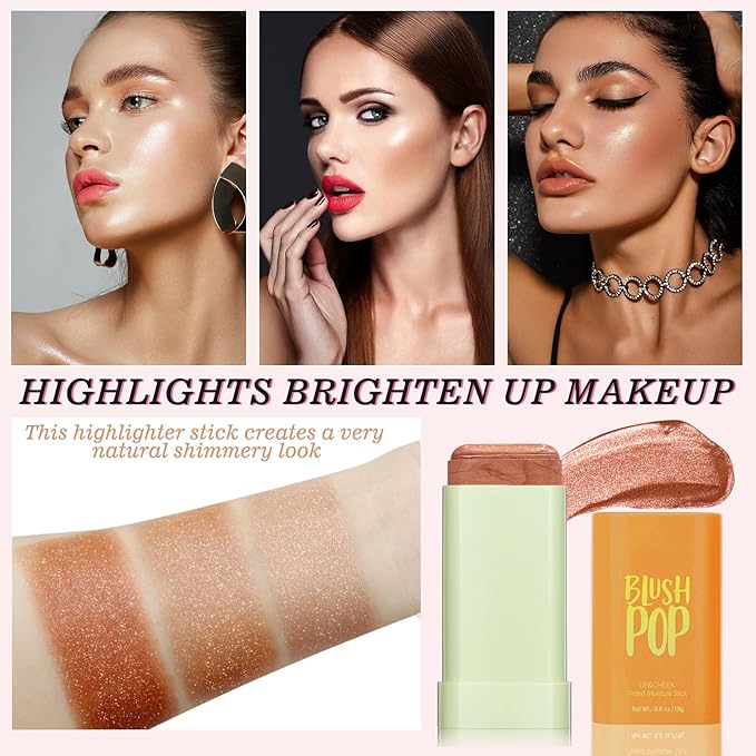 Highlighter Makeup Stick - Blush Highlighters Makeup Stick for Face & Body, Natural Silky Shimmer Highlight, Bendable Long Lasting Highlighter Wand, Cream Korean Highlighter (Cherry Red)-VivaGrace Women