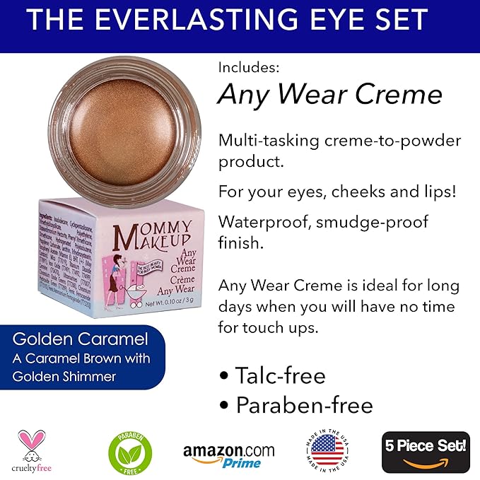 The Everlasting Eye 5 Piece Waterproof Makeup Set. Gel Eyeliner, Creme Eyeshadow, 2 brushes and Mesh Bag. Paraben-free, Talc-free, Cruelty-free. Golden Caramel/Chocolate Kiss 1502-VivaGrace Women