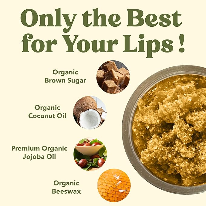 Organic Brown Sugar Lip Scrub – 0.7oz – USDA Organic Lip Exfoliator Scrub for Dry Lips - Fair Trade, Brown Sugar, Jojoba Oil, Beeswax, Coconut Oil - Lip Scrubber Exfoliator For Lip Care-VivaGrace Women