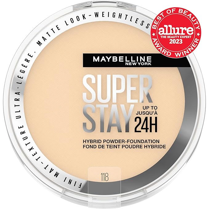 Maybelline Super Stay Up to 24HR Hybrid Powder-Foundation, Medium-to-Full Coverage Makeup, Matte Finish, 118, 1 Count-VivaGrace Women