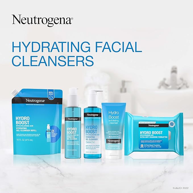 Neutrogena Hydro Boost Lightweight Hydrating Facial Cleansing Gel, Gentle Face Wash & Makeup Remover with Hyaluronic Acid, Hypoallergenic & Non Comedogenic, Refill Pouch, 16 fl. oz