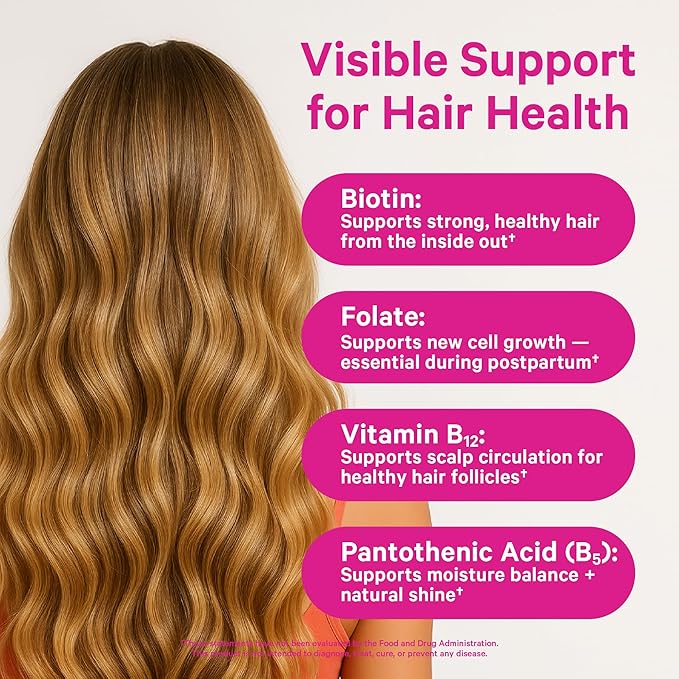 Pink Stork Postpartum Hair Loss Gummies - Biotin with Vitamin E, Pantothenic Acid, B6 & B12 for Beautiful & Strong Hair, Skin, and Nails - Postpartum Essentials for New Moms - 60 Gummy Vitamins-VivaGrace Women