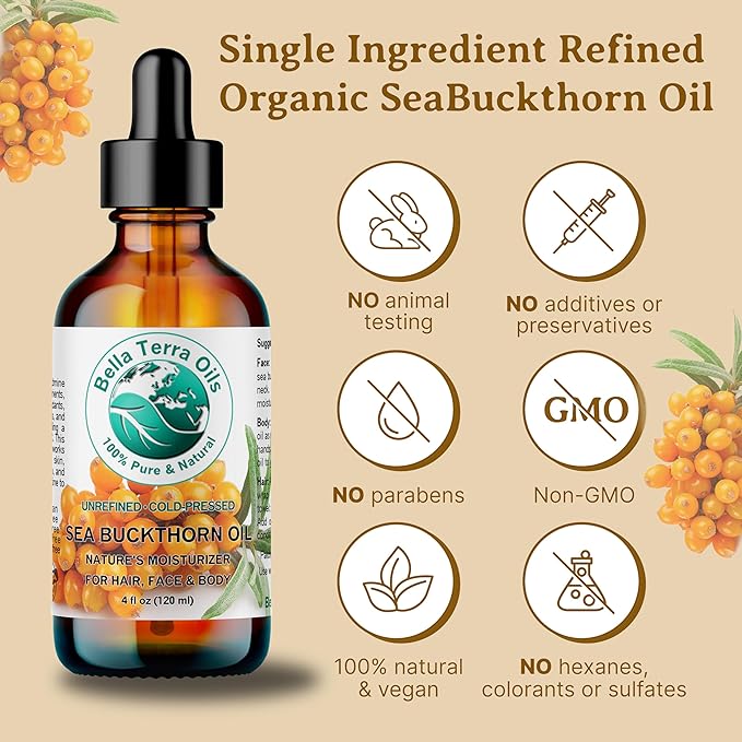 Bella Terra Oils - Sea Buckthorn Oil 4 oz - Unlock the Gold Standard in Skincare, Infused with Omega-3, Omega-6 & Carotenoids, Elevate Your Cosmetic Routine-VivaGrace Women