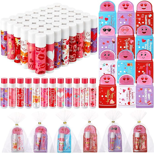 48 Pcs Valentine's Day Cherry Flavored Moisturizing Lip Balm Gloss Lipstick with 48 Pcs Valentine's Day Card Bulk Party Supplies Lip Care Gift Men Women and Children, 12 Styles-VivaGrace Women