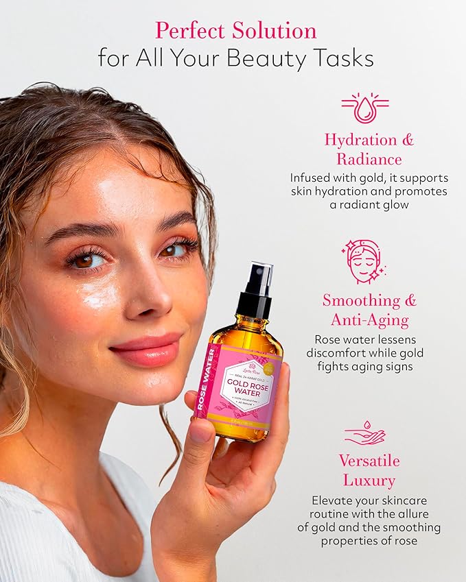 24 Karat Gold Rose Water Toner by Leven Rose Natural Moroccan 24K Rosewater Toner 4 oz-VivaGrace Women