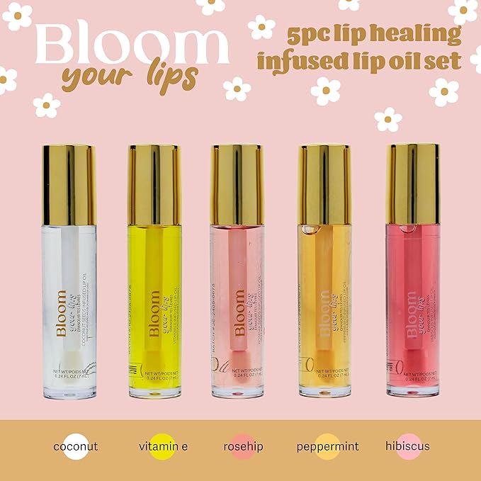 Expressions 5pc Lip Oil Set - Bloom Your Lips Style Essentials Lip Oils, Lip Healing Lip Oil Collection with Precision Applicator Wand | Moisturizing for Everyday Lip Care and Lip Repair (DAISY)-VivaGrace Women