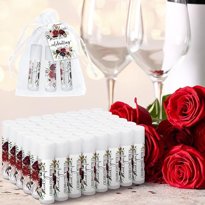 Dunzy 50 Pack Bridal Shower Favors Gifts Bulk Burgundy Floral Lip Balms Party Supplies Wedding Party Favors Bachelorette Prizes Souvenirs Thank You Appreciation Gifts for Guests Women Coworker Staff-VivaGrace Women