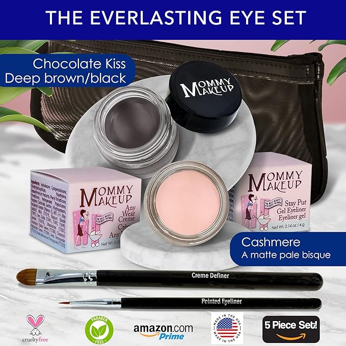 The Everlasting Eye 5 Piece Waterproof Makeup Set. Gel Eyeliner, Creme Eyeshadow, 2 brushes and Mesh Bag. Paraben-free, Talc-free, Cruelty-free. Cashmere/Chocolate Kiss 2502-VivaGrace Women