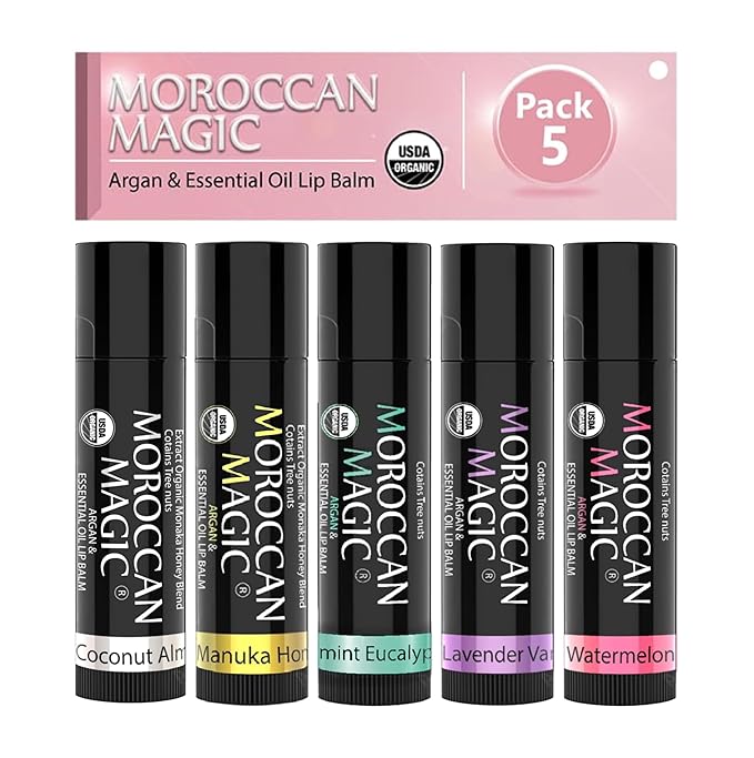 Moroccan Magic Organic Lip Balm 5 Piece Variety Pack Gift Set | Ultra-Hydrating Argan & Essential Oil Lip Moisturizer + Vitamin E | Smooth | Natural | Non-Toxic | Cruelty Free | 5 Pack-VivaGrace Women