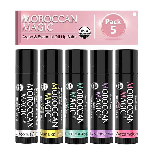 Moroccan Magic Organic Lip Balm 5 Piece Variety Pack Gift Set | Ultra-Hydrating Argan & Essential Oil Lip Moisturizer + Vitamin E | Smooth | Natural | Non-Toxic | Cruelty Free | 5 Pack-VivaGrace Women