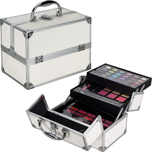 55pcs Makeup Gift Set Kit Train Case With Extendable Trays (eyeshadow, Blushes, Lipstick & More) - Vmk1304, White Glitter-VivaGrace Women