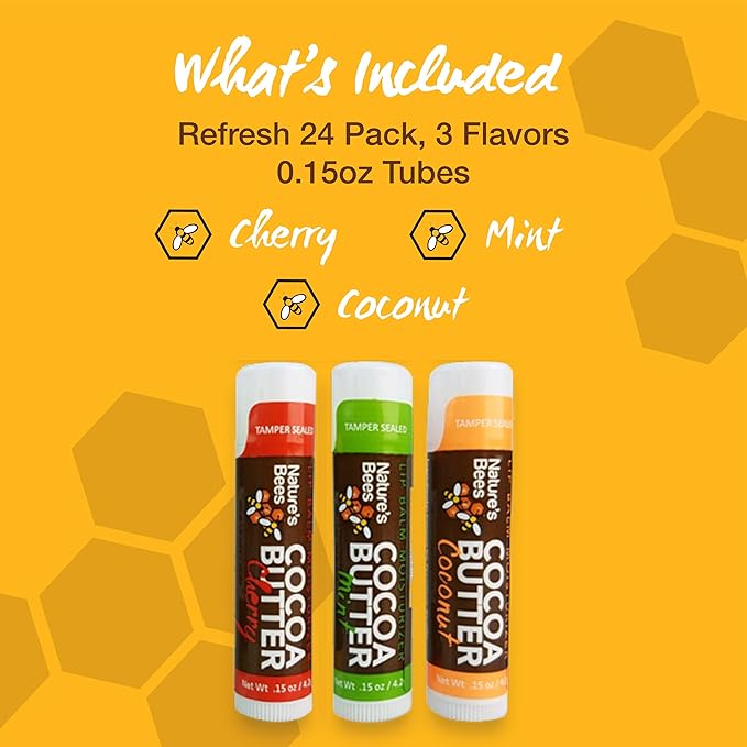 Nature's Bees - Cocoa Butter Lip Balm Moisturizer - Refresh 24 Pack, 3 Flavors - Coconut, Cherry, & Mint - Made w/Coconut Oil, Beeswax, Vitamin E, Aloe, Shea Butter - Made in the USA - 0.15oz (4.2g)-VivaGrace Women