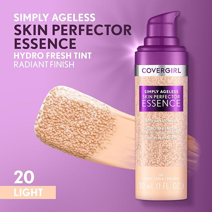 Covergirl Simply Ageless Skin Perfector Essence Foundation, 20 Light, Tinted Skin Perfector, Skincare Makeup Hybrid, Sheer Tint, Radiant Finish, Skin-Like Finish, Vegan Formula, 1.0oz-VivaGrace Women