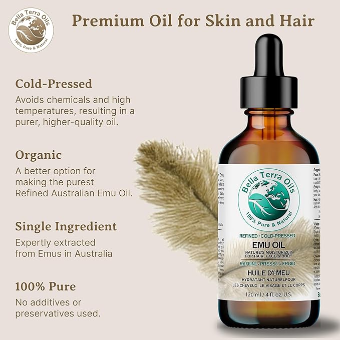 Bella Terra Oils - Emu Oil 8 oz - Australian Legacy, Famed for Omega-3, Omega-6 & Omega-9, The Natural Secret to Radiant Skin-VivaGrace Women