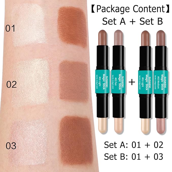 Contour Stick, 4Pcs Dual-Ended Highlighter Makeup Pen & Contouring Stick for Face Shaping, Long Lasting Waterproof Cream Bronzer & Highlight Sticks Make Up Kit for All Skin Tones(Set A+Set B)-VivaGrace Women