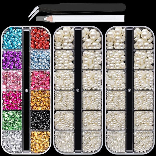 Flat Back Rhinestone+Half Round Pearl Kits Colorful Rhinestones+Beige Pearls With Picker Pencil And Tweezer For Home DIY And Professional Use-VivaGrace Women