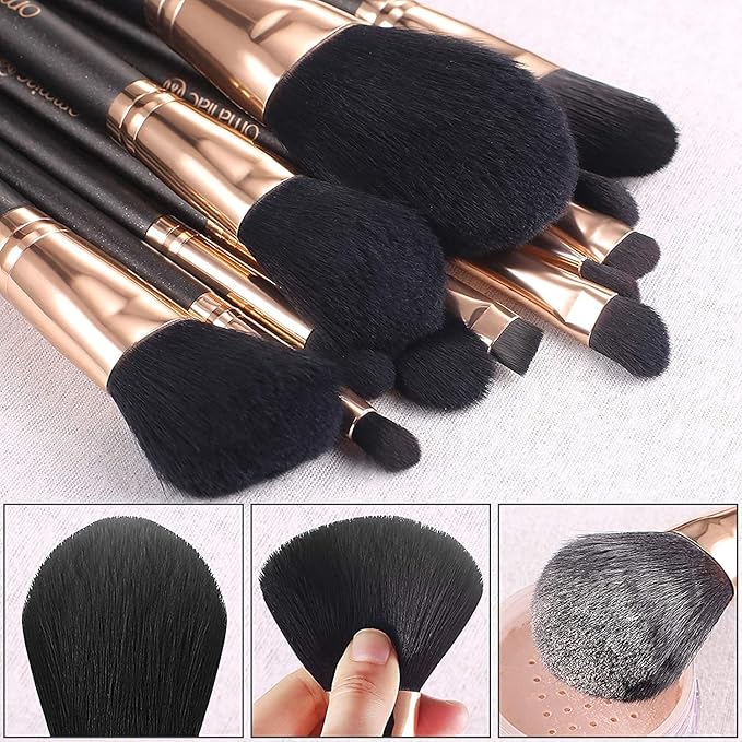 OMANIAC Makeup Brush Set Professional, 12 Pearlescent Wood Handle Makeup Brushes, Premium Cruelty-Free Synthetic Fiber Hair, Travel Make up Brushes Set with Case (Black).-VivaGrace Women