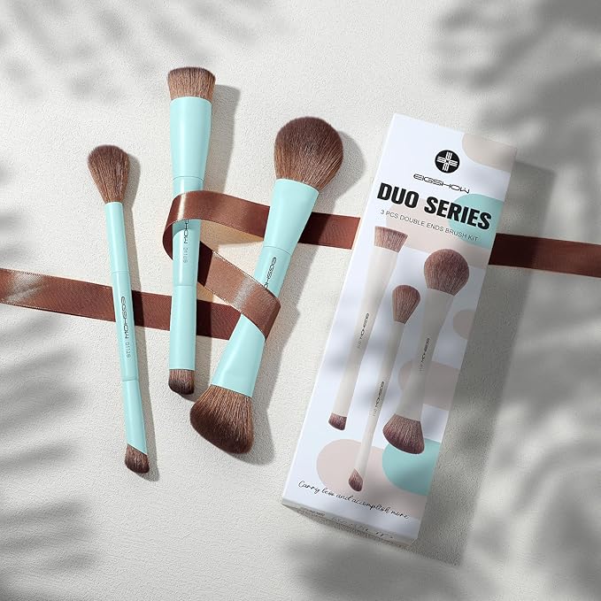 EIGSHOW Makeup Brush Set, 3Pcs Dual Ended Face Makeup Brushes for Foundation Powder Contour Highlight Concealer Nose Shadow, Travel Gift Set (Cyan)-VivaGrace Women