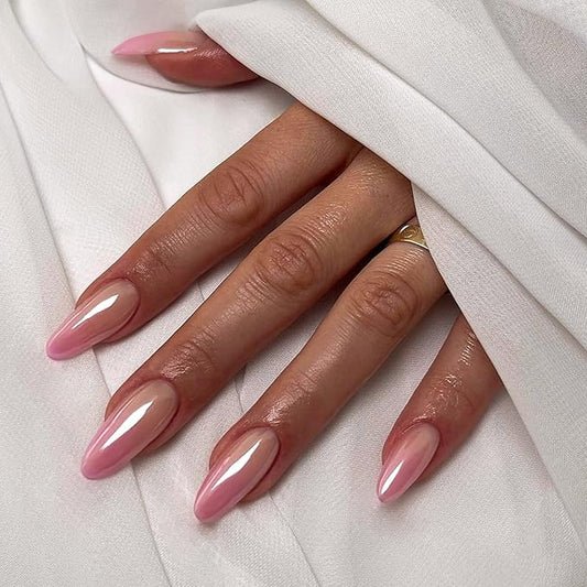 Ombre Pink Chrome Press on Nails Almond Medium Fake Nails with Mirror Designs Glossy Glue on Acrylic False Nails for Women and Girls