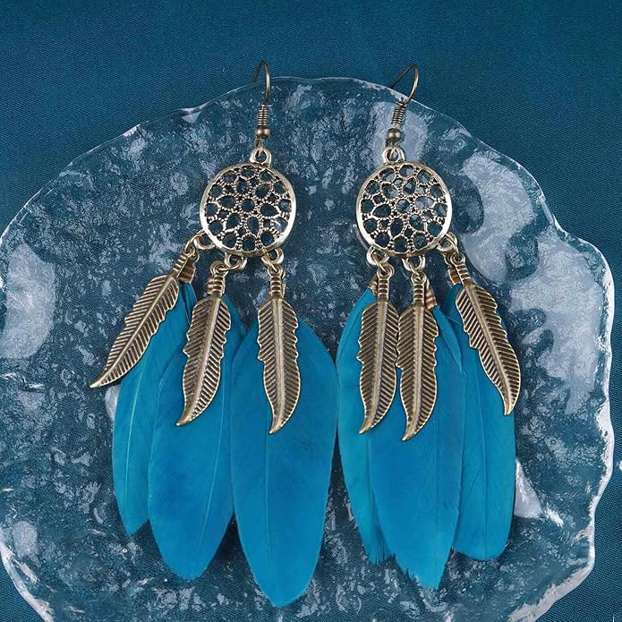 Boho Black Feather Dangle Earrings Long Feather Tassel Earrings Vintage Tribal Feather Earrings Gold Feather Drop Earrings Jewelry for Women-VivaGrace Women