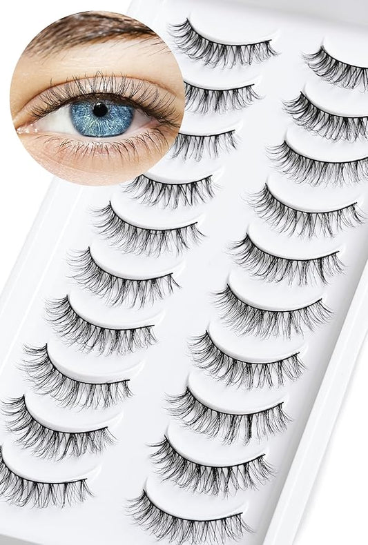 Natural Lashes Wispy False Eyelashes 10mm Short Lashes 3D Volume Strip Lashes Fake Eyelashes Siligli Lashes Thin Band Curly Eye Lashes Pack 10 pair-VivaGrace Women