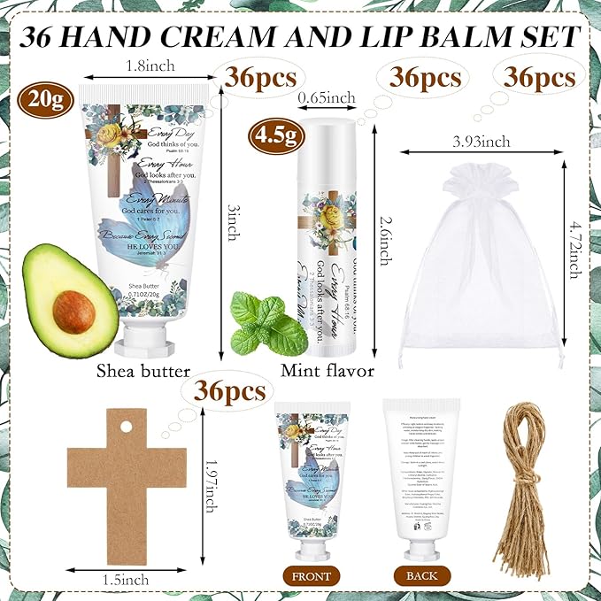 144 Pcs Christian Lip Balm Hand Cream Set Party Favors, Include 36 Bible Lip Balm 36 Moisturizing Hand Cream 36 Bags 36 Cards and Ropes for Accessories Gifts (Biblical, Cross)-VivaGrace Women