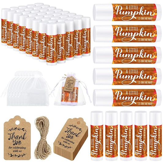 Demissle 50 Pcs Baby Shower Lip Balm Gift Set with 100 Pcs Organza Bags Baby Shower Party Favor for Guest Thank You Tag Rope Baby Shower Party Decoration Gender Reveal Souvenirs(Pumpkin)-VivaGrace Women