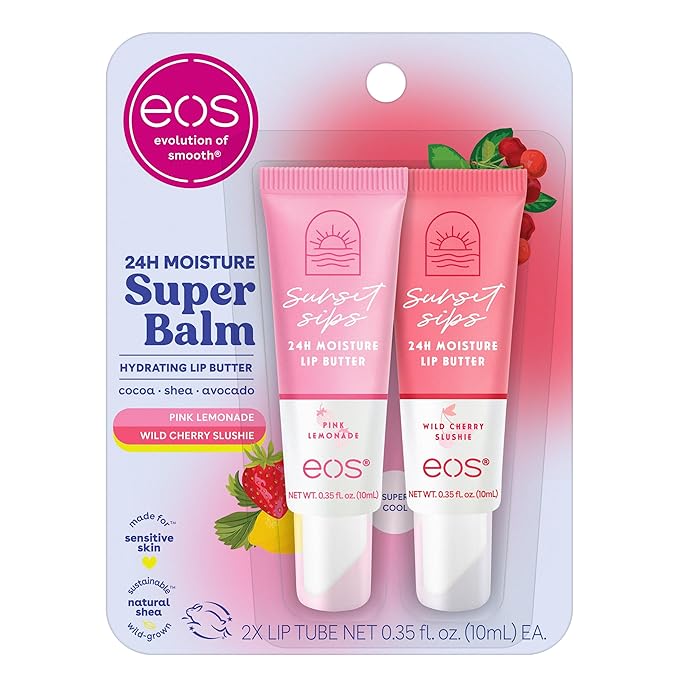 eos 24H Moisture Super Balm- Pink Lemonade & Wild Cherry Slushie, Lip Mask, Day or Night Lip Treatment, Made for Sensitive Skin, 0.35 fl oz, 2-Pack-VivaGrace Women