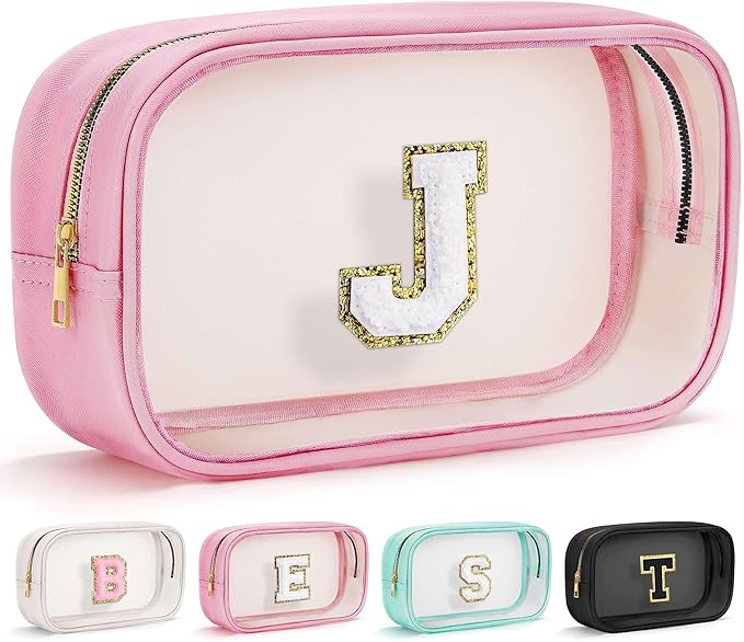 YOOLIFE Birthday Gifts | Initial Travel Essentials Makeup Bag, Clear Toiletry Bag Pouch Cosmetic Bag Case Large Makeup Bag Personalized Pink Birthday Gifts for Women Teacher Mom Teen Friends J-VivaGrace Women