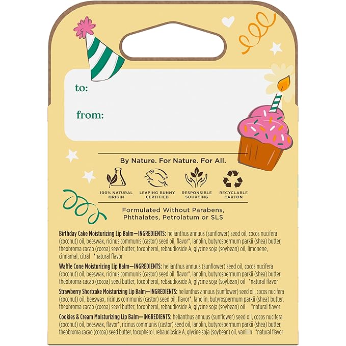 Burt's Bees Lip Balm Party Pack - Birthday Cake, Waffle Cone, Strawberry Shortcake, and Cookies & Cream, All Day Moisturizer, Tint-Free, Natural Origin Conditioning Lip Treatment, 4 Tubes, 0.15 oz.-VivaGrace Women