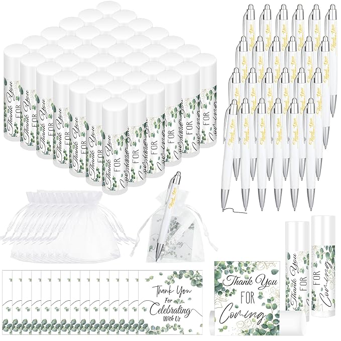 50 Set Bulk Thank You Combo Gifts Include Lip Balms Appreciation Ballpoint Pen Thank You Card Organza Drawstring Gift Bag Pouch for Wedding Parties Baby Shower Favors, Eucalyptus Leaves Style-VivaGrace Women