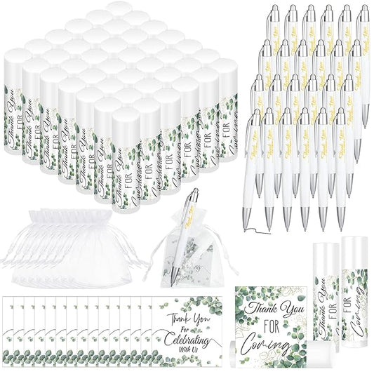 50 Set Bulk Thank You Combo Gifts Include Lip Balms Appreciation Ballpoint Pen Thank You Card Organza Drawstring Gift Bag Pouch for Wedding Parties Baby Shower Favors, Eucalyptus Leaves Style-VivaGrace Women