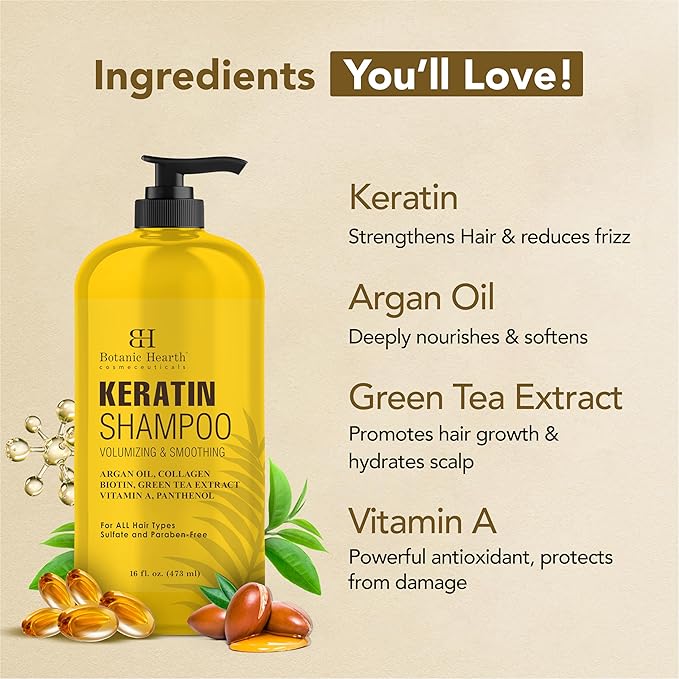 Botanic Hearth Keratin Shampoo | With Argan Oil, Collagen & Biotin | Best For Dry Damaged, Fizzy & Color Treated Hair | Hair Thickening & Sulfate Free | 16 Fl Oz (Pack Of 1)-VivaGrace Women