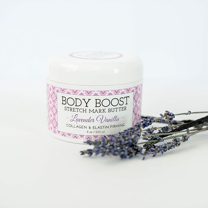 Body Boost Lavender Vanilla Stretch Mark Butter 8 oz.- Treat Stretch Marks and Scars- Pregnancy and Nursing Safe- with Shea Butter-VivaGrace Women