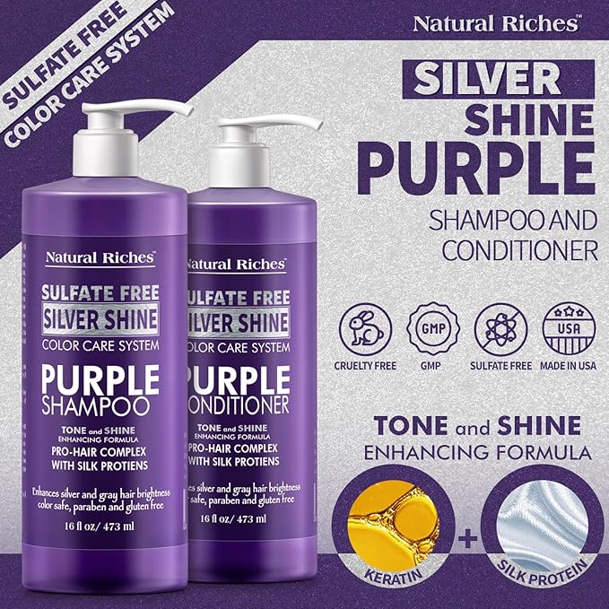 Natural Riches Radiant Silver Shine Purple Shampoo and Conditioner Set for Gray Hair - Paraben-Free and Color Safe – With Silk Proteins, Tones Dull Hair, Softens & Adds Shine - 16 fl oz-VivaGrace Women